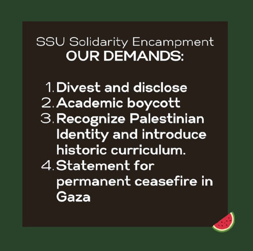 On April 26, students at Sonoma State University launched a Gaza solidarity encampment on Person Lawn. SSU Students for Justice in Palest...